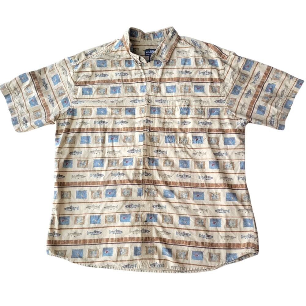 Vintage Woolrich Button Up Short Sleeve Shirt Mens Fishstripe AOP‎ Size XL - Picture 2 of 6
